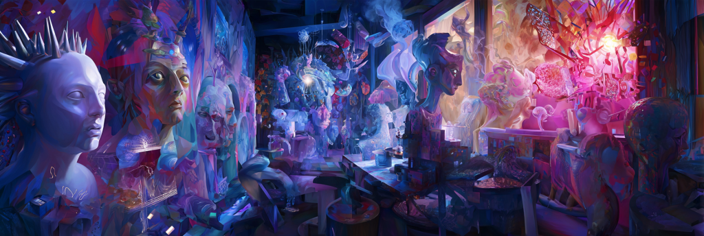 A surreal artist’s studio filled with abstract sculptures of faces, glowing masks, and symbolic AI forms. The scene is vibrant and layered, lit in blues, purples, and pinks, evoking a gallery of creative voices in motion.