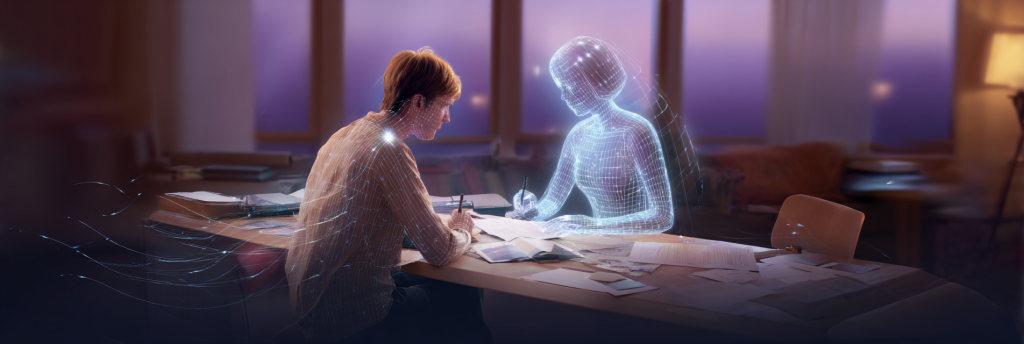 A human and a glowing AI figure sit across from each other, writing together at a table covered in papers, in a softly lit studio at dusk.