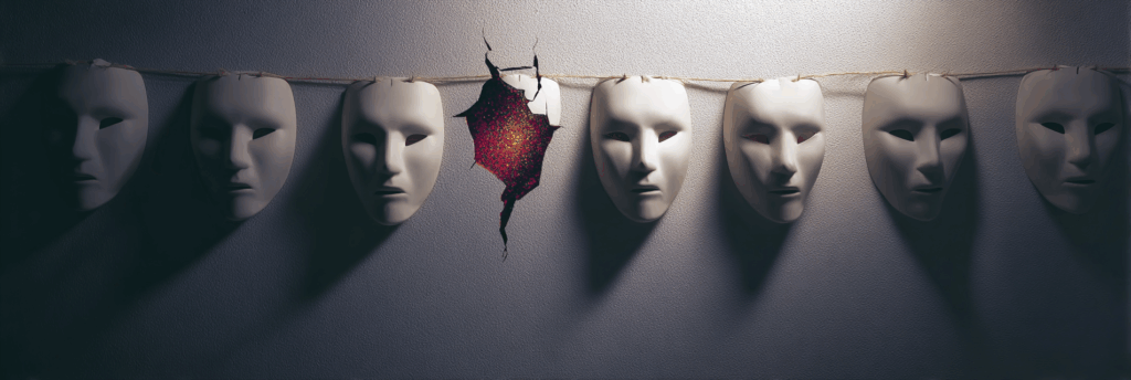 A row of identical white masks hangs on a line; one mask is shattered, revealing a vivid burst of red and yellow light inside, representing authenticity breaking through imitation.