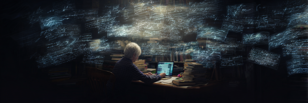 A person stands before a mirror covered in layers of handwritten words, their reflection blurred and partially obscured by text. The mirror’s edges are fragmented, symbolizing the search for personal voice through writing.