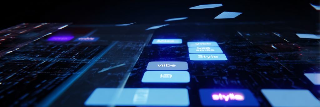 Futuristic digital interface showing glowing buttons labeled “vibe,” “style,” and “viibe,” floating above a dark circuitboard background. Some buttons appear duplicated or distorted, suggesting instability or superficiality.