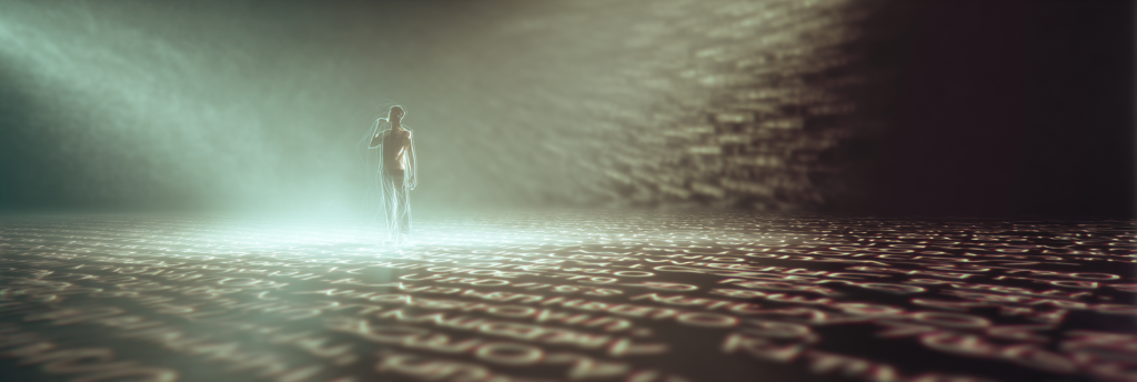 A translucent human figure walks alone across a floor covered in glowing text, surrounded by fog and digital light.
