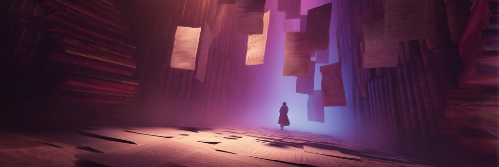 A lone figure walks through a towering hallway made of stacked books and floating pages, bathed in soft violet and rose light. The mood is quiet, contemplative, and dreamlike — a visual metaphor for discovering one’s voice in a world shaped by words.