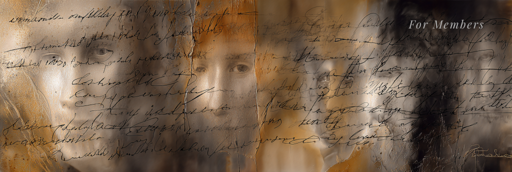Three partially obscured faces layered behind weathered textures and handwritten script, blending into warm and cool tones; subtle text reads 'For Members' in the top right.