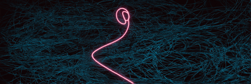 A single glowing pink line threads confidently through a chaotic tangle of blue lines on a dark background, symbolizing clarity and individuality amidst confusion.