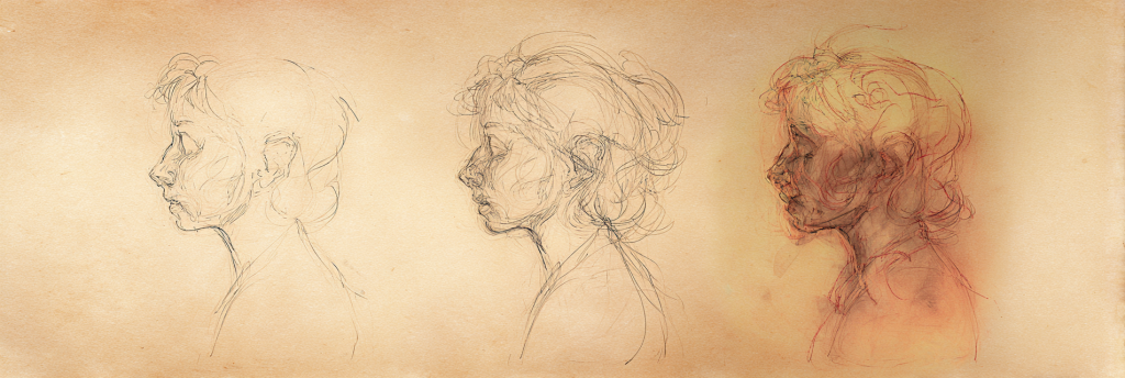 A pencil sketch of a human figure gradually becoming more detailed and expressive in three side-profile stages.