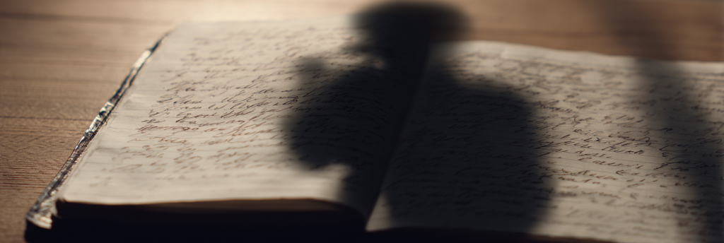 A shadow cast over a handwritten notebook lying open on a wooden desk, evoking presence and unseen authorship.