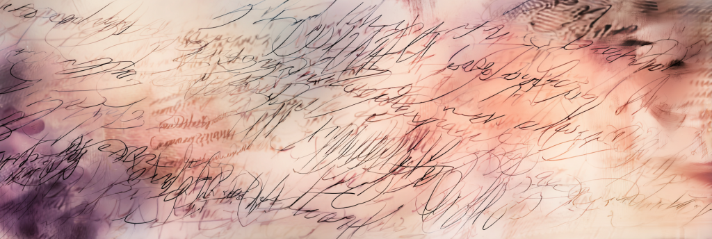 Overlapping translucent handwritten text layered with soft tones and the faint impression of a human face emerging in the background.