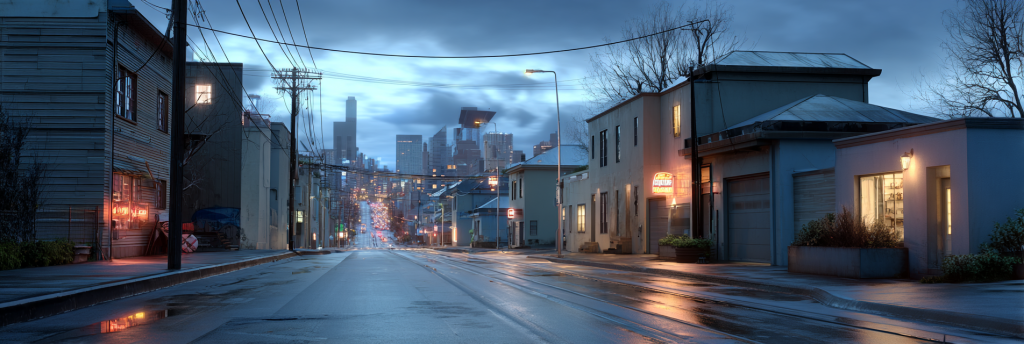 A quiet city street at dusk with wet pavement reflecting neon and lamplight, low buildings in the foreground, and a distant skyline under a blue-gray sky
