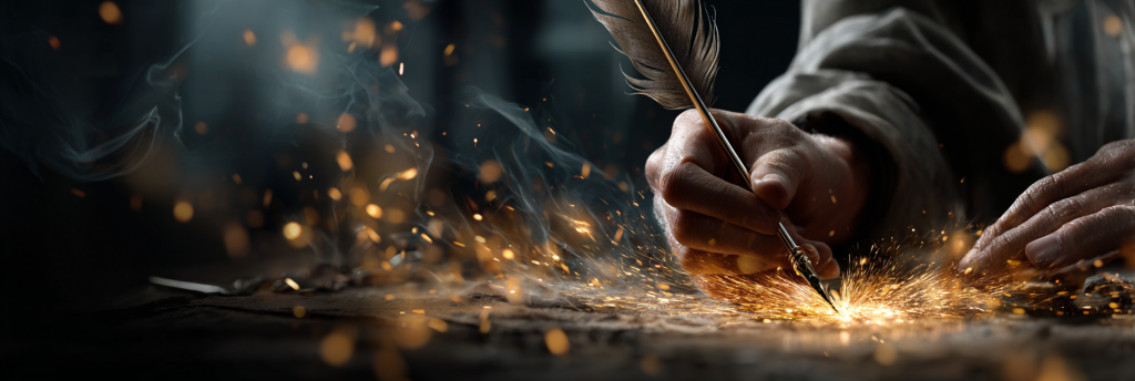 A close-up of a hand writing with a feather quill, golden sparks flying across the wooden surface, with swirling smoke in the background, dramatic cinematic lighting.