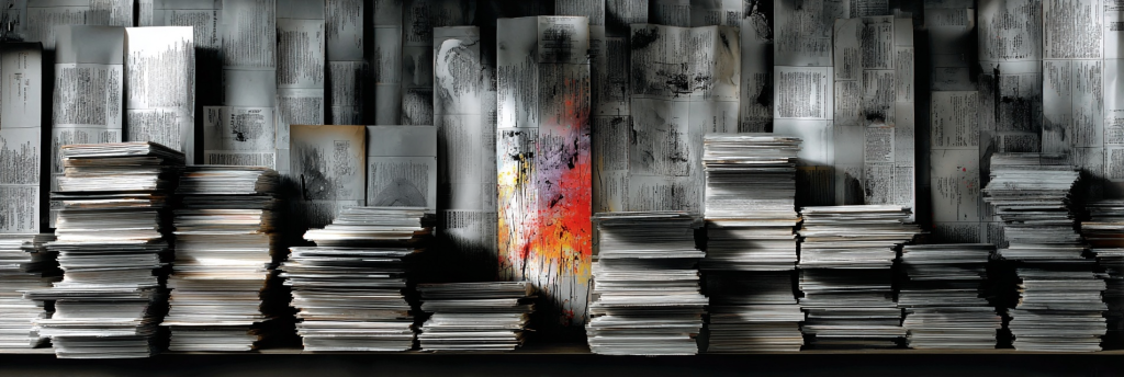 Stacks of nearly identical gray pages form a wall, with one sheet glowing in vivid colors, representing a distinct voice breaking through monotony.