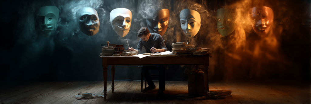 A solitary writer at a cluttered wooden desk, surrounded by large floating theatrical masks in blue and orange light, with smoke drifting between them, creating a dramatic and symbolic atmosphere.