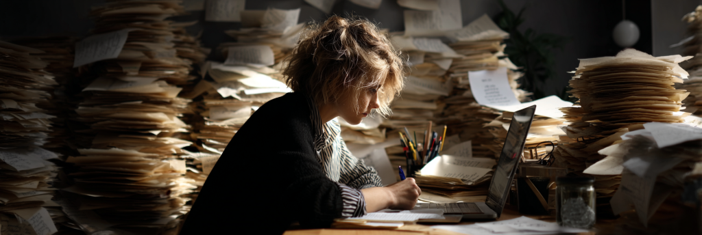 A person sits at a cluttered desk surrounded by towering stacks of paper, writing with focus under a beam of light, symbolizing the struggle of endless drafts.