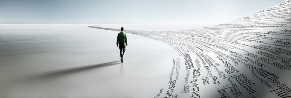 A person in a green jacket walks across a vast, reflective surface as flowing lines of text rise up around them, forming a path that curves toward the horizon.