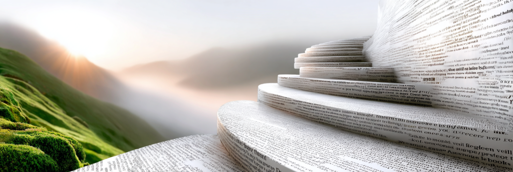 Curved stone steps made of printed text rising into misty mountains at sunrise, with green moss-covered hills on the side.