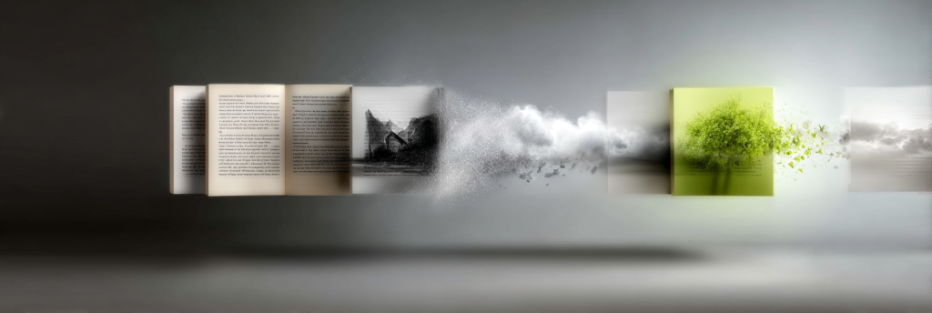 Row of open books transforming into clouds, photographs, and a green tree as their pages dissolve into mist, visualizing the shift from words to images and ideas.