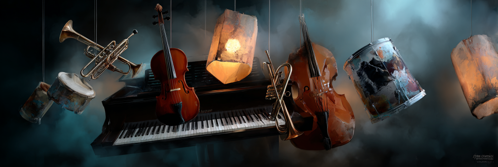 A surreal arrangement of musical instruments—piano, violin, trumpet, cello, and drums—floating in misty light alongside glowing lanterns.