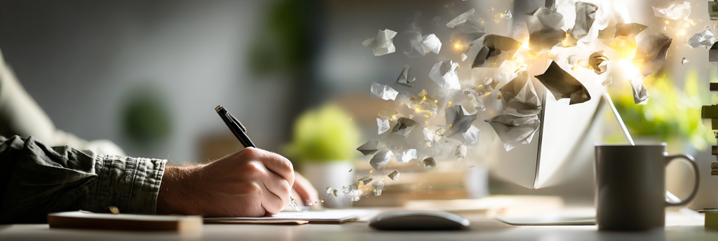 A hand writes with a pen while crumpled pages burst into the air, glowing with energy, symbolizing ideas in motion and the living behavior of writing.