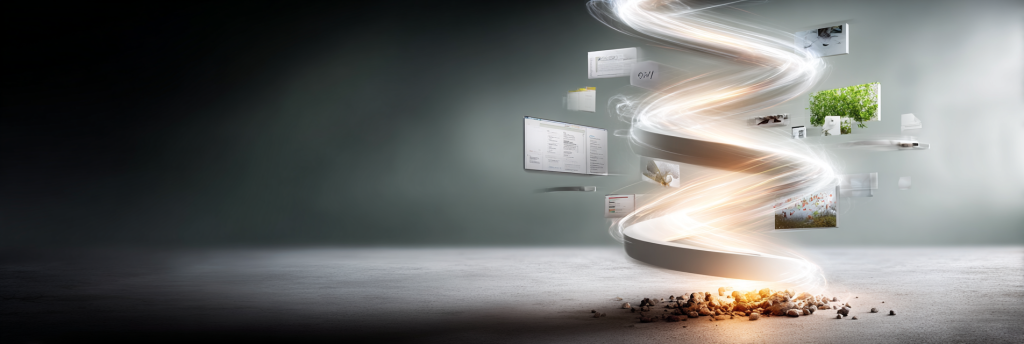 Spiraling ribbon of light rising from the ground, surrounded by floating digital screens, papers, and images, symbolizing creative energy flowing through technology.