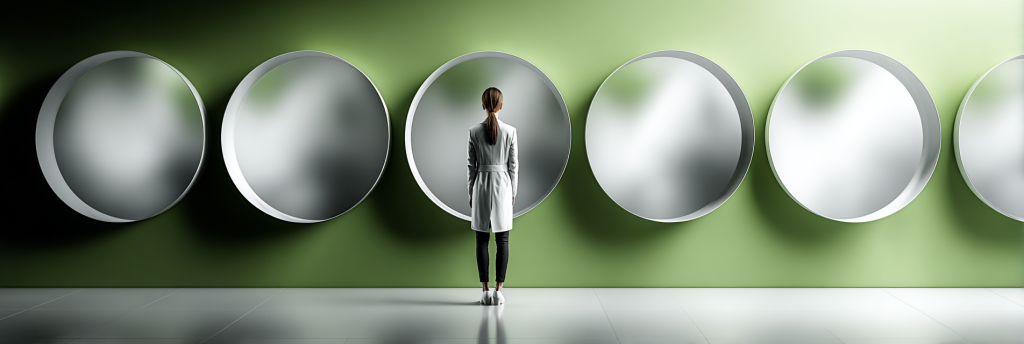 A woman standing before a row of large circular mirrors mounted on a green wall, each reflecting hazy, indistinct shapes as she contemplates her reflection.