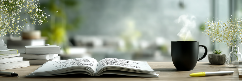 An open notebook with handwritten pages on a wooden desk, surrounded by stacked books, a steaming black coffee mug, and delicate white flowers in soft natural light.