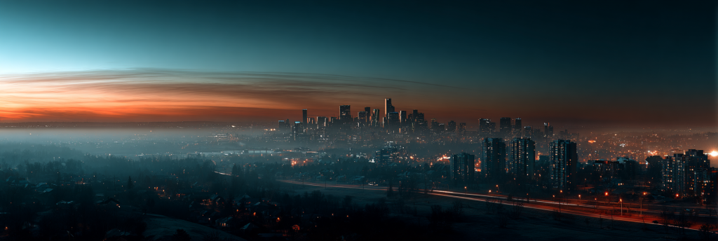 A wide view of a city skyline at dusk, with the sky glowing orange and blue, mist drifting over the buildings, and lights beginning to sparkle across the city.
