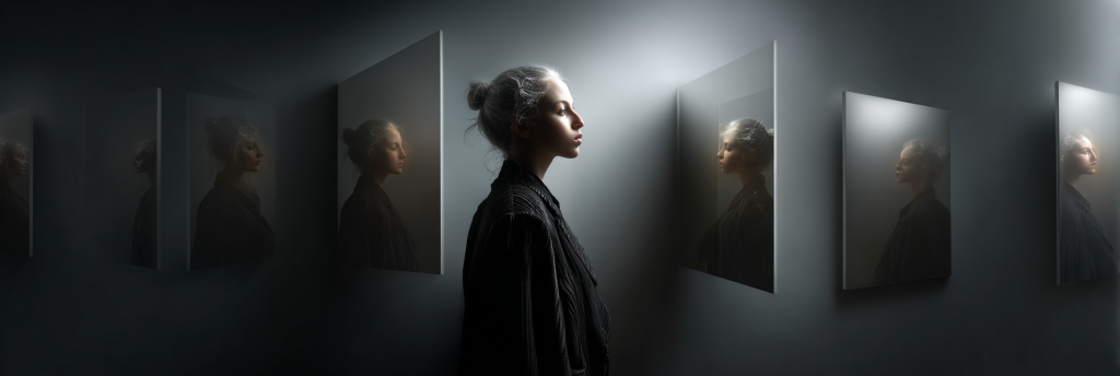 A woman in dark clothing stands in a dim hallway, her face reflected in multiple mirrors, each showing subtle variations of her expression.