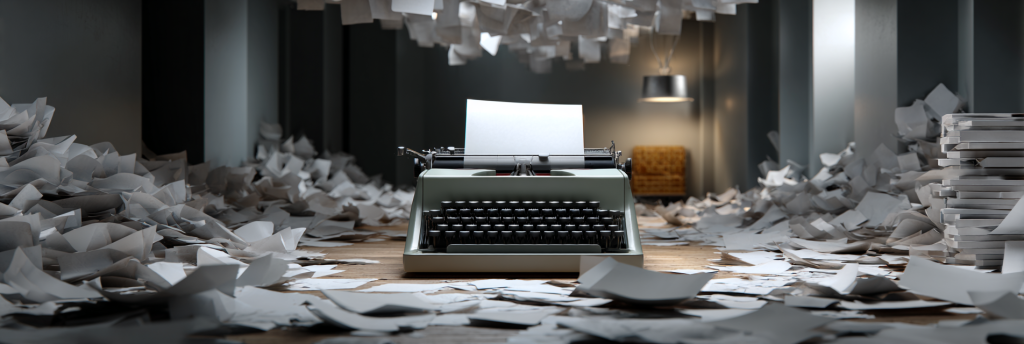 A typewriter with a blank sheet of paper, surrounded by piles and scattered pages, symbolizing generic and repetitive writing.