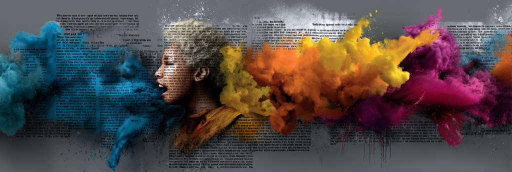 A person’s profile emerging from a wall of text, with vivid clouds of color bursting outward, symbolizing individuality breaking through generic writing.