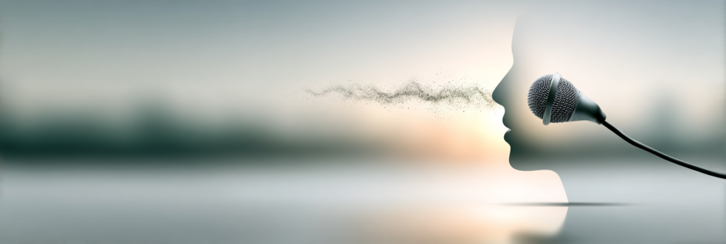 Silhouette of a human face speaking toward a microphone, with sound particles flowing between them across a soft blurred background at sunrise. The scene symbolizes voice taking shape in the air.