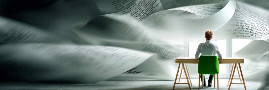 A person sits at a desk surrounded by enormous floating sheets of text, as if writing has taken physical shape and fills the air.
