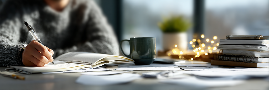 A person writing in a notebook at a cozy desk, surrounded by papers, books, and a warm mug, with soft light and a calm atmosphere.