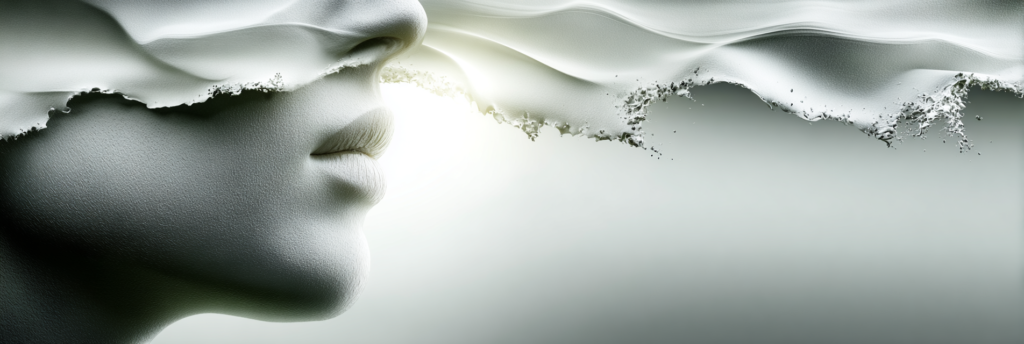 A close-up of lips and a soft wave-like texture flowing from them, symbolizing language turning into form and motion.