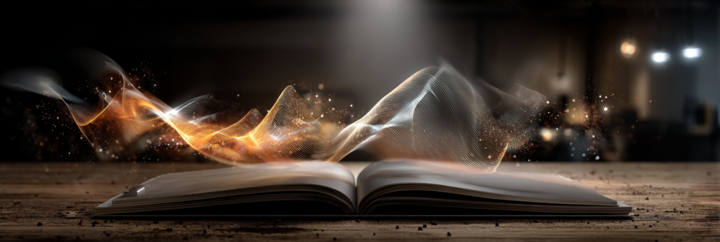 An open book on a wooden table releasing glowing golden sound waves into the air, representing written words transforming into living voice.