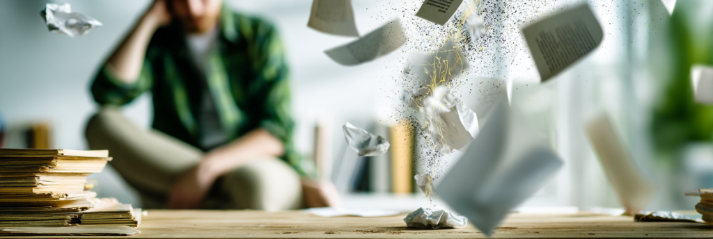 A person sits in soft focus behind a wooden table as papers and manuscript pages rise into the air, scattering in motion. The scene captures creative frustration and release, with light filtering through a calm studio atmosphere.