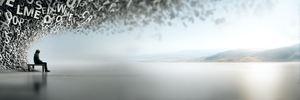 A lone figure surrounded by fading letters in a calm misty landscape, representing the stillness that gives language its depth.