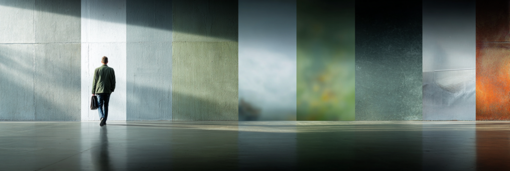 A person walks across a wide, minimalist space toward a wall divided into panels of color and light, suggesting a journey toward clarity and creative purpose.