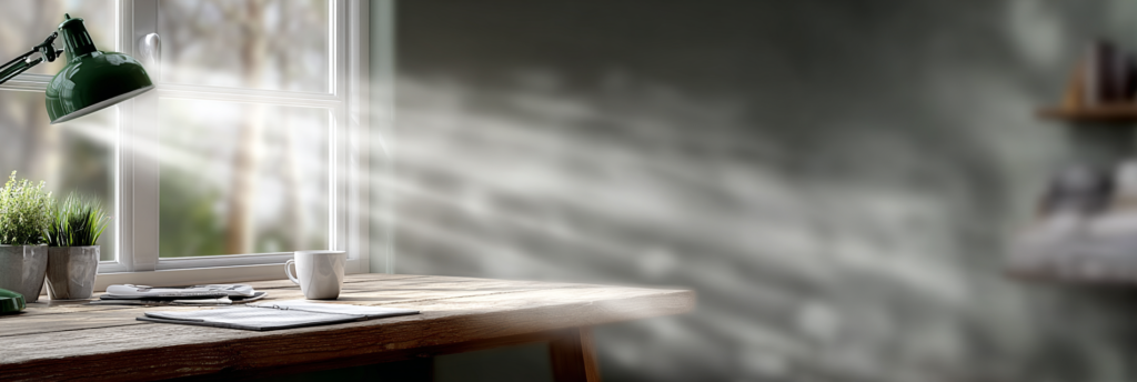 Sunlight streams through a window onto a quiet wooden desk with a coffee cup, notebook, and plants, evoking calm focus and intentional writing.