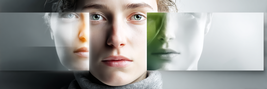 A close-up portrait of a woman’s face overlaid with translucent panels showing varied versions of her expression, suggesting reflection, identity, and transformation. The muted tones evoke self-examination and creative focus.