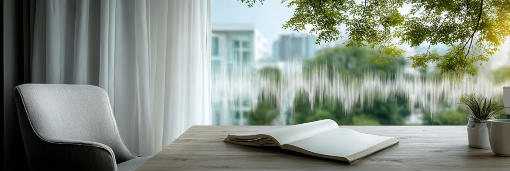 A writing desk in soft morning light with an open notebook and gentle wave-like reflections in the air, symbolizing how silence shapes a voice.