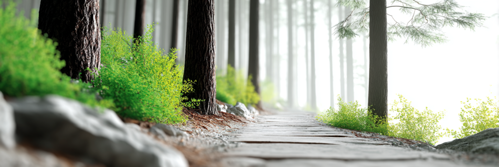 A quiet forest path made of weathered stone, bordered by tall pine trees and bright green undergrowth, leading into soft white morning light and mist.