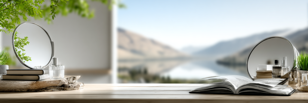 A wooden desk looking out over a calm lake and distant mountains. Two round mirrors reflect nearby greenery and small objects on the desk, including books, plants, and glass containers. An open book rests in the foreground, creating a peaceful reflective scene.