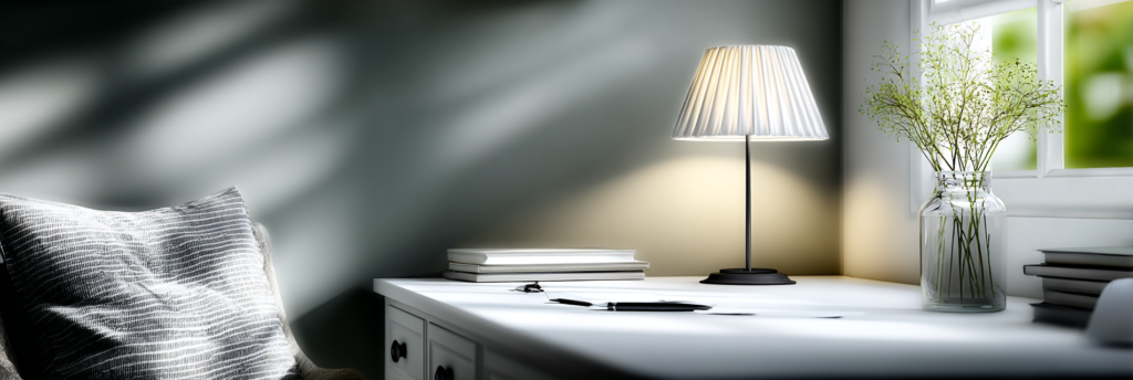 A quiet writing corner with a white desk, a pen and closed notebooks, a soft table lamp with a pleated shade, and a glass jar holding delicate green stems. Sunlight filters through a nearby window, casting gentle shadows across the room.