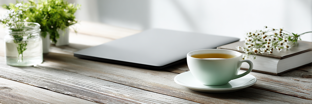 A calm wooden desk with a cup of tea, a closed laptop, small jars of greenery, and a book with white flowers resting on top in soft natural light.