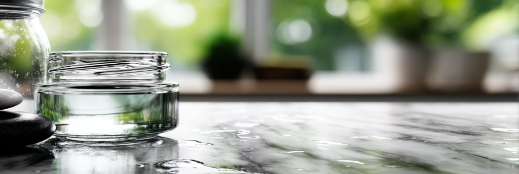 A close-up of a small glass jar filled with clear water on a polished marble surface. Soft sunlight and blurred greenery from a window create gentle reflections across the scene, with stones and other jars partially visible at the edges.