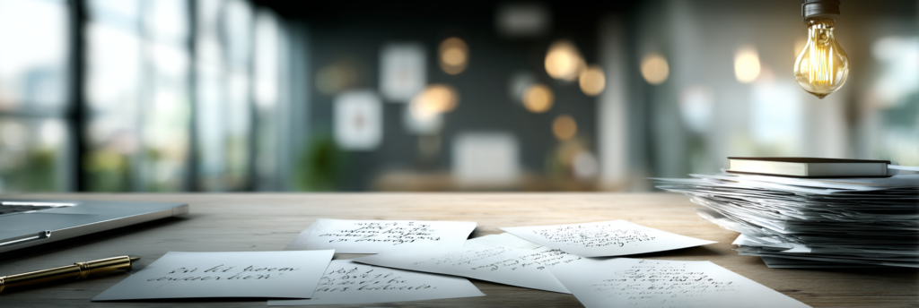 A wooden desk with scattered handwritten notes, a stack of papers, a pen, and a laptop, softly lit by warm light in a quiet workspace.