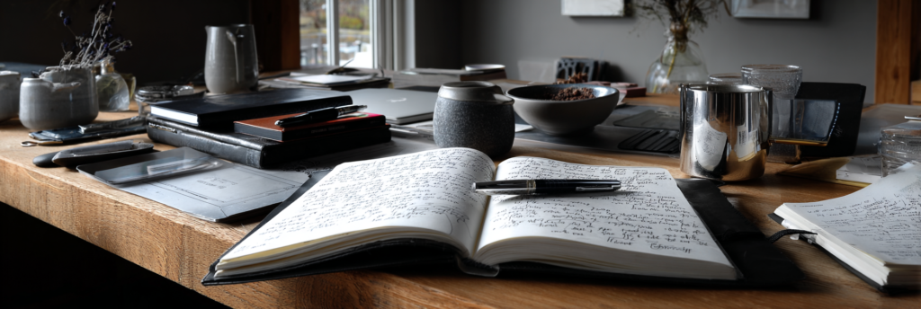 An open notebook filled with handwritten notes on a wooden table, a pen resting across the pages, surrounded by notebooks, cups, and everyday objects in a softly lit workspace near a window.