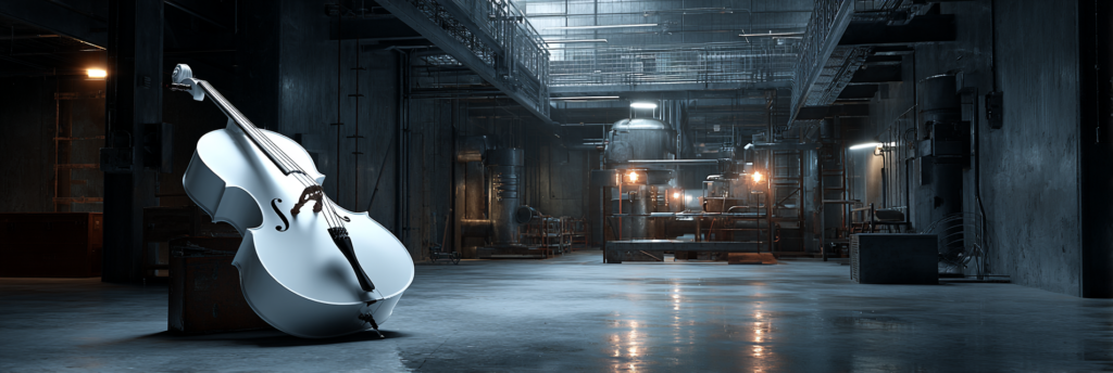A white cello leaning against a crate inside a large industrial factory, surrounded by metal structures, machinery, and cold overhead lighting, emphasizing the contrast between refinement and environment.