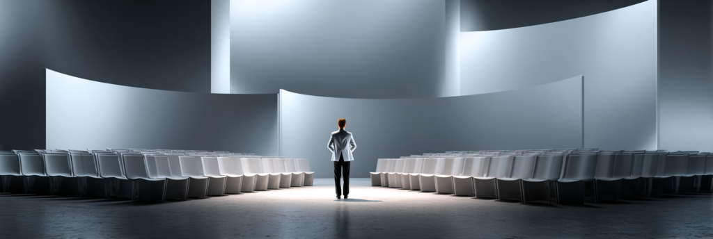 A solitary speaker standing at the center of an empty modern auditorium, facing rows of identical seats and curved walls, highlighting scale mismatch and the absence of an audience.