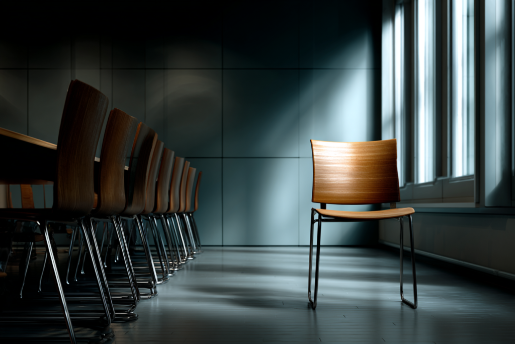 A single wooden chair placed apart from a row of identical chairs in a modern, empty room, lit by soft window light that emphasizes its separation.